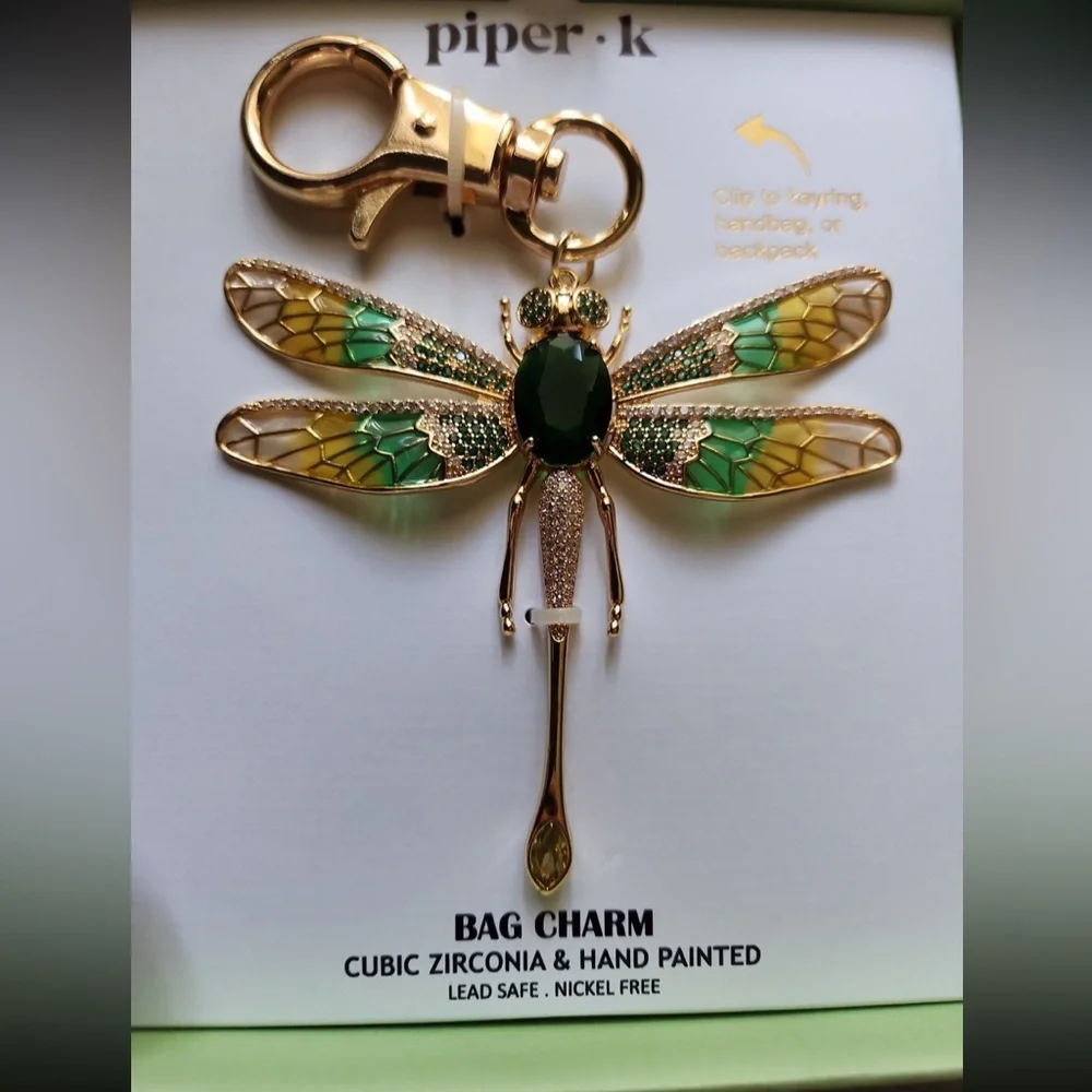 PIPER K Dragonfly Gold Hand-Painted with CZ Articulated Wings Bag Charm  NEW NWT